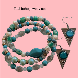 Turquoise and Gold Boho Style Beaded Bracelet Set With Matching Earrings